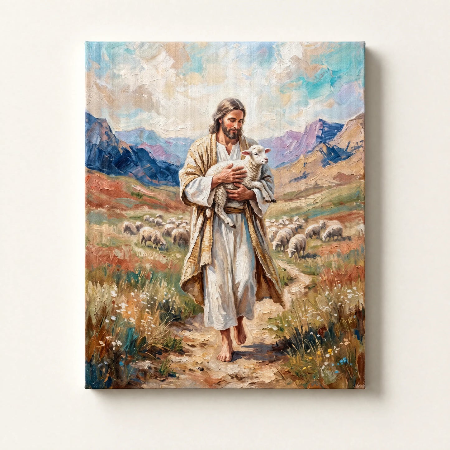 El Buen Pastor — cuadro decorativo de Jesús cargando un cordero entre montañas