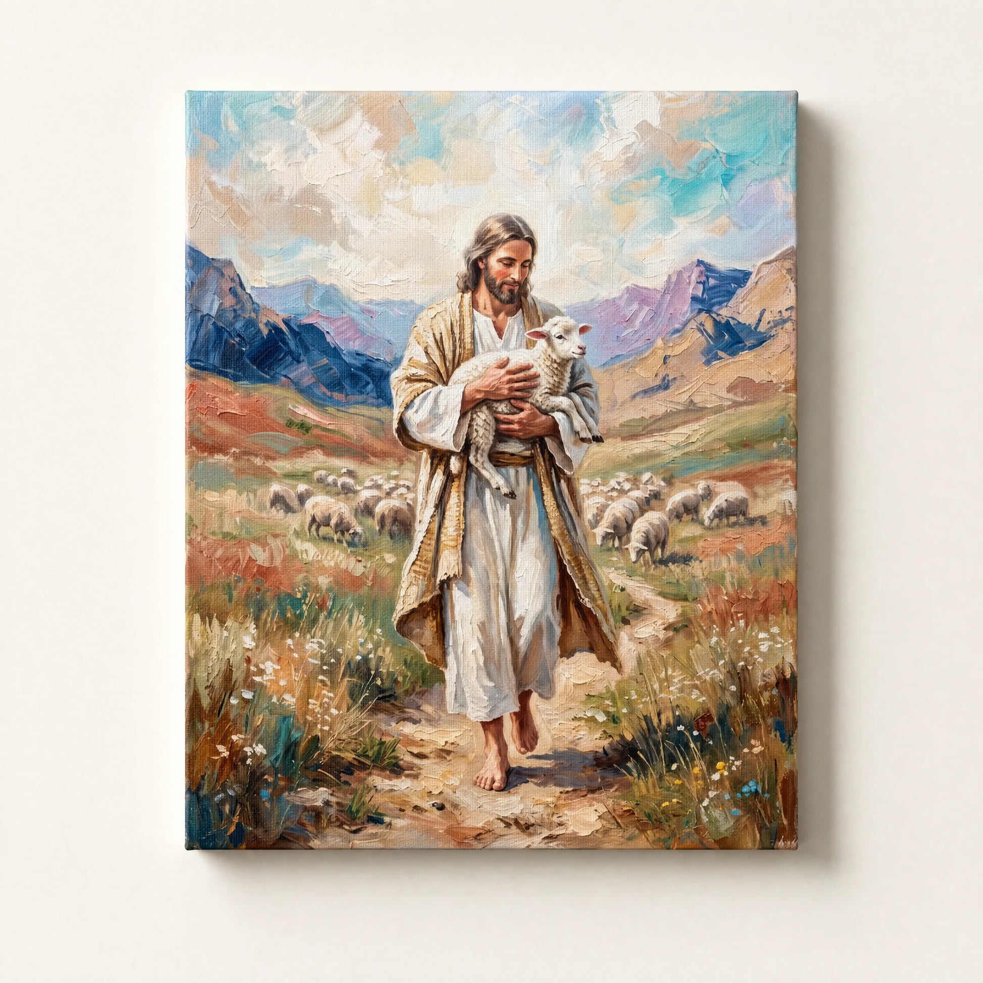 El Buen Pastor — cuadro decorativo de Jesús cargando un cordero entre montañas