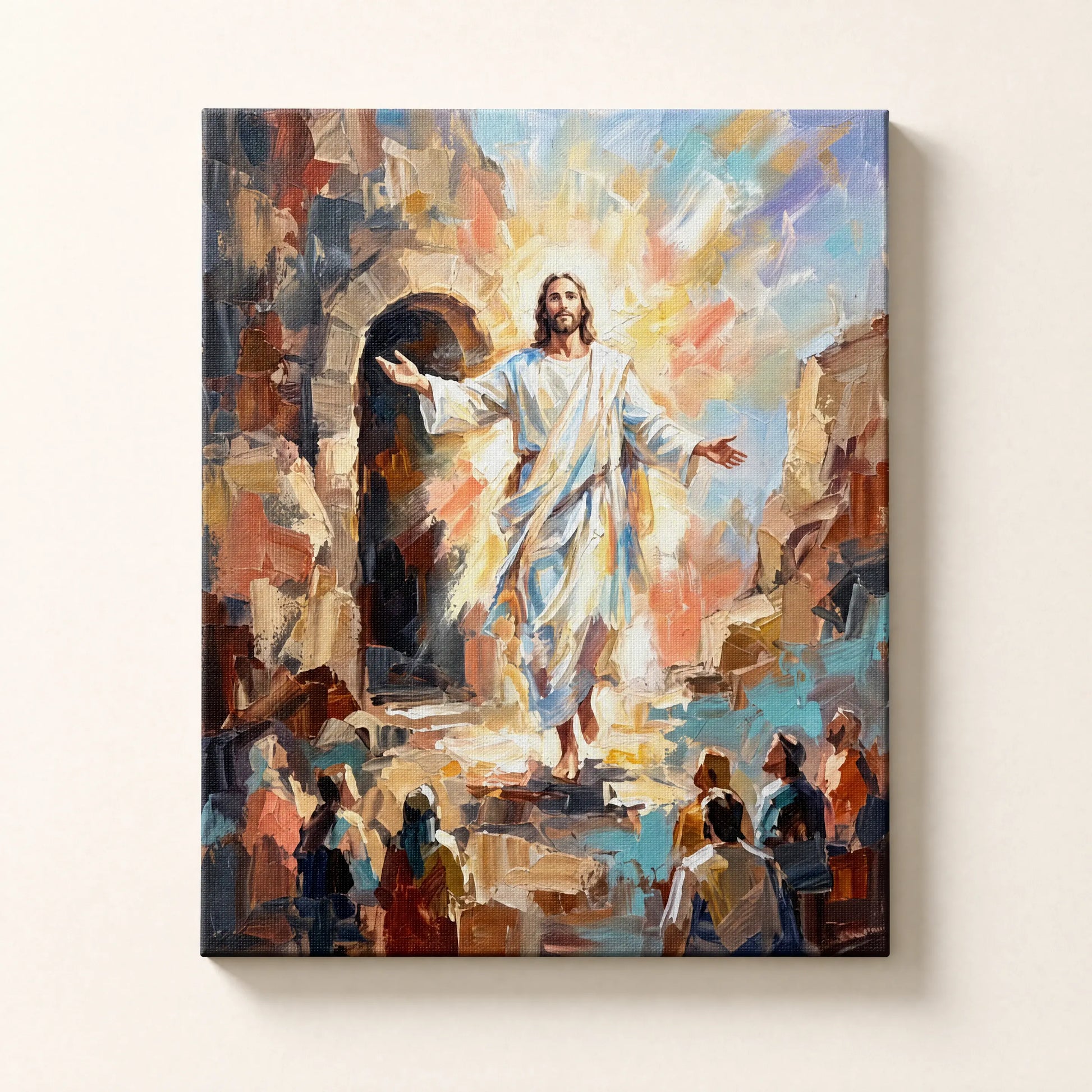 El Resucitado — cuadro decorativo de Jesús resucitado con brazos abiertos ante la tumba vacía