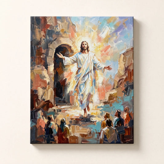 El Resucitado — cuadro decorativo de Jesús resucitado con brazos abiertos ante la tumba vacía