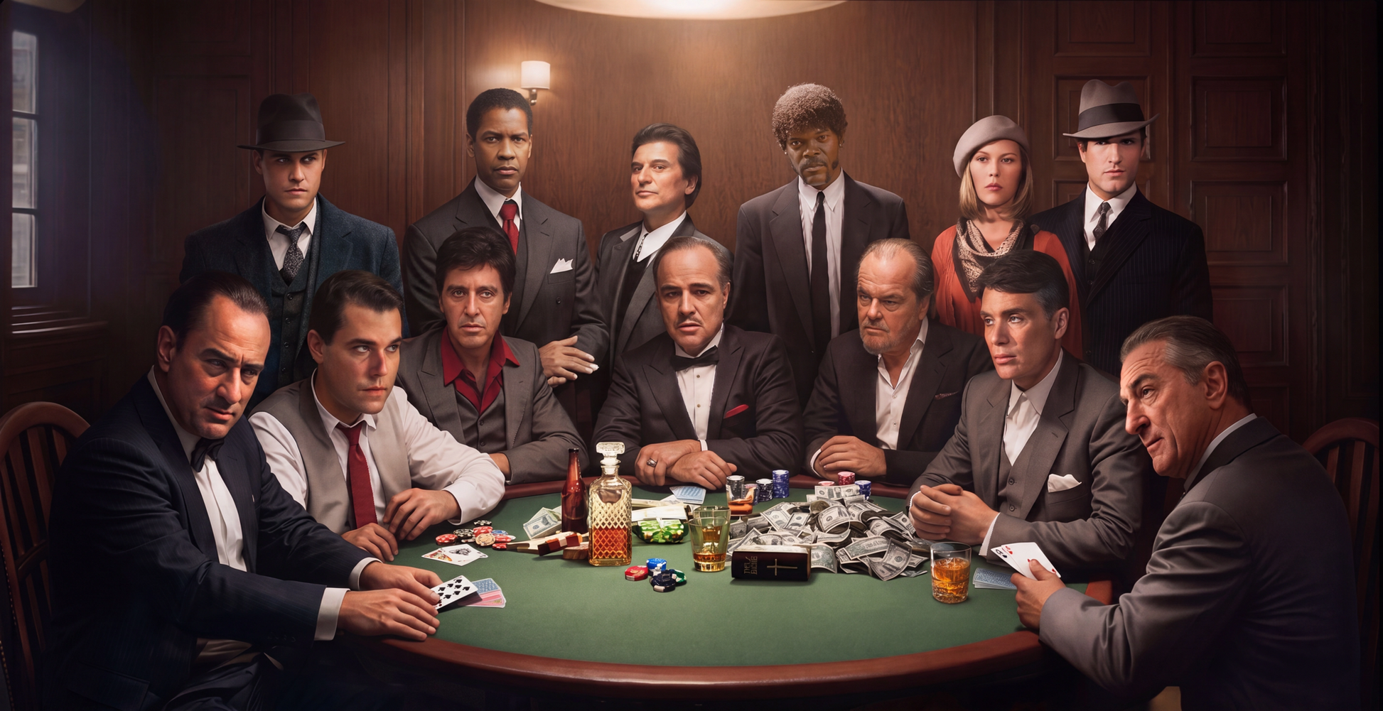 Cuadro decorativo de una partida de póker con trece figuras del cine negro alrededor de una mesa de tapete verde con fichas, billetes y whisky
