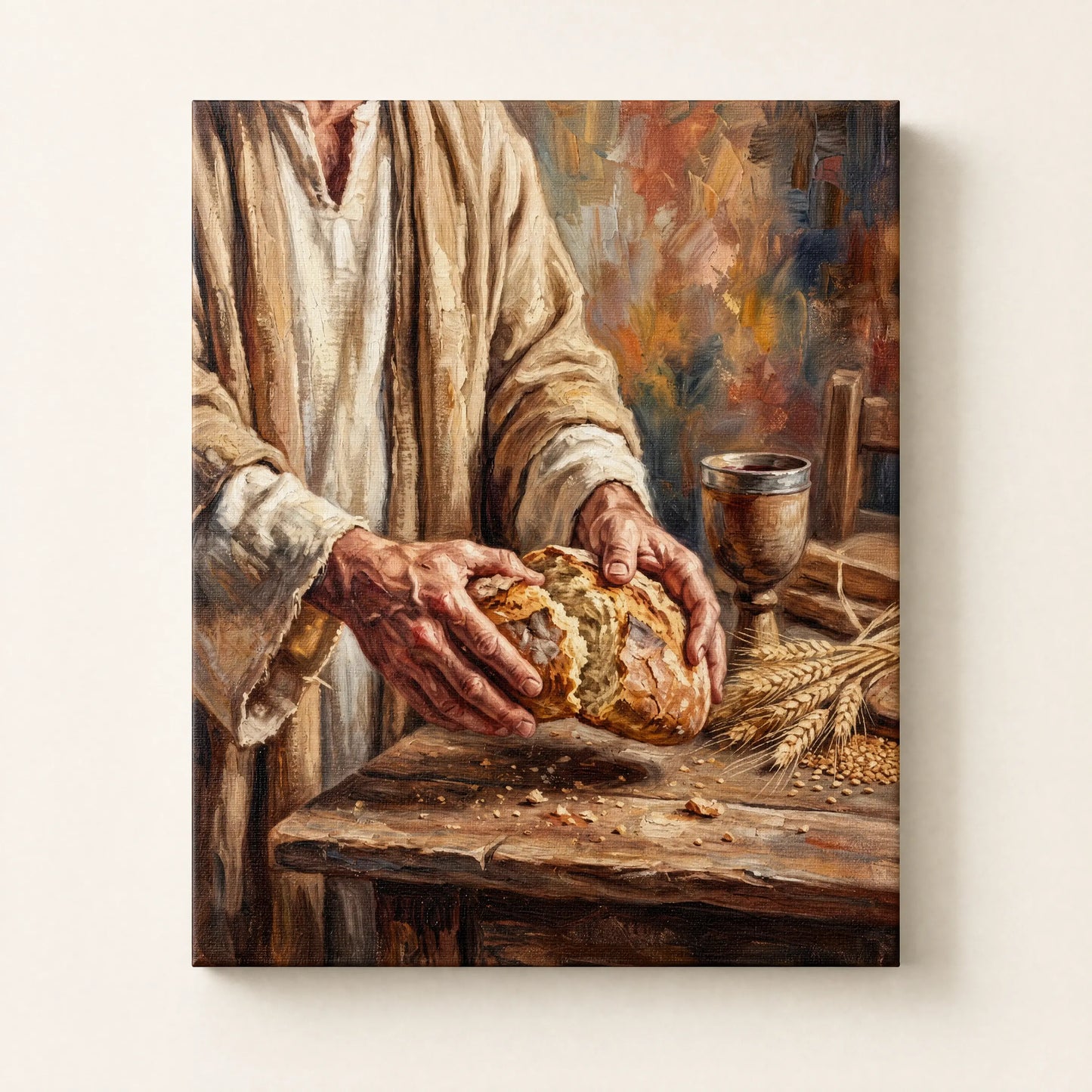 Pan y Vino — cuadro decorativo de manos partiendo el pan junto al cáliz