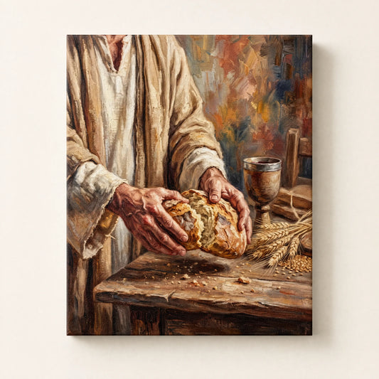 Pan y Vino — cuadro decorativo de manos partiendo el pan junto al cáliz